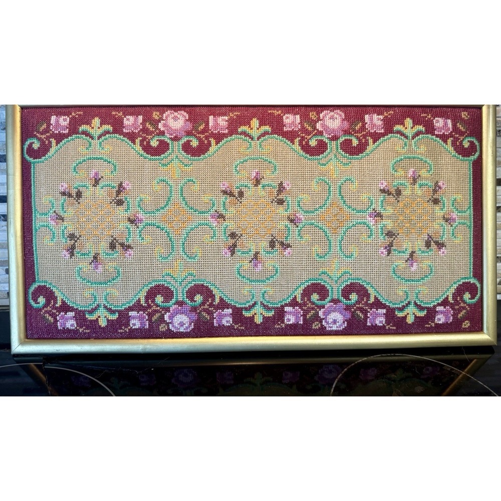 Vintage Floral Needlepoint Framed Picture Burgundy Pink Yellow Green 19" X 10"
